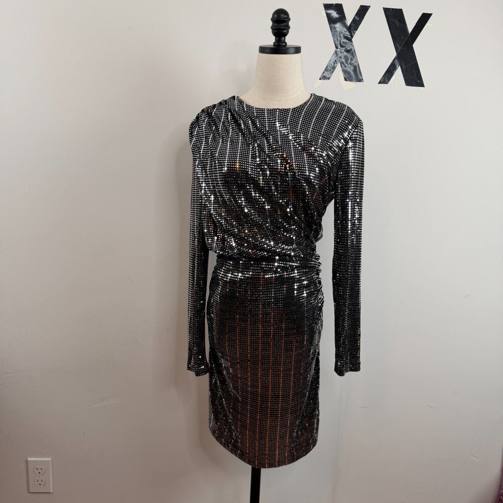 Alexia Admor Silver Metallic Lurex Draped Shoulder Pad Disco Midi Dress NWT M